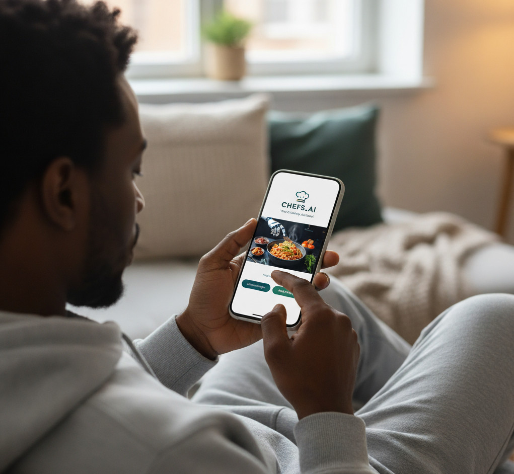 A close-up, over-the-shoulder photograph of a person interacting with a cooking app on a smartphone.